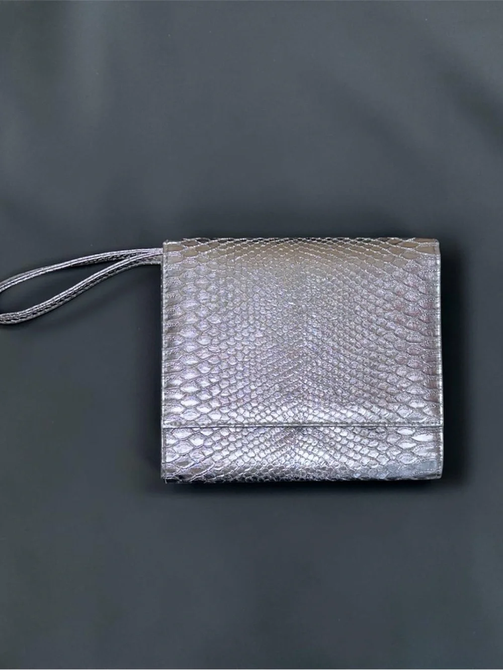 Neiman Marcus Iridescent Pewter Snake-Embossed Wristlet Clutch